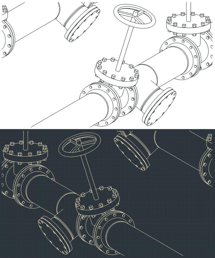 Pipes and valves isometric blueprints vector