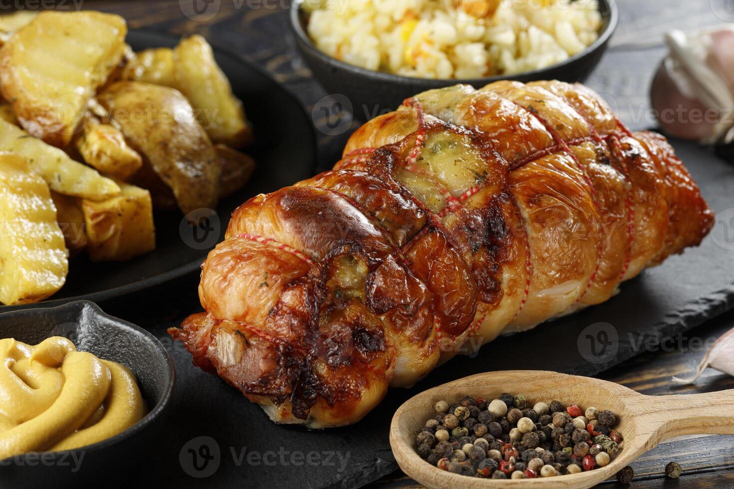 boneless meat roulade with seasonings and garnish. photo