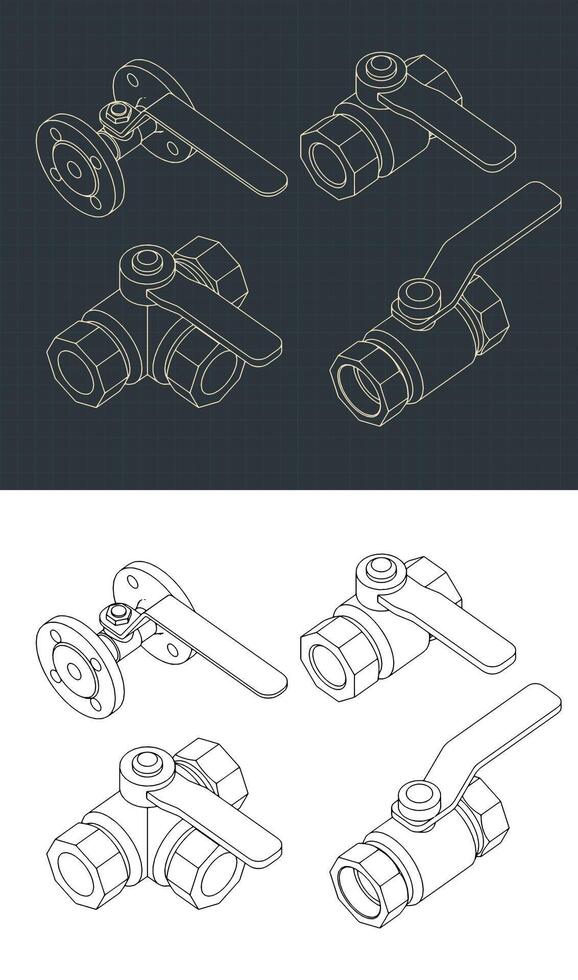 Ball Valves Isometric Drawings Set vector