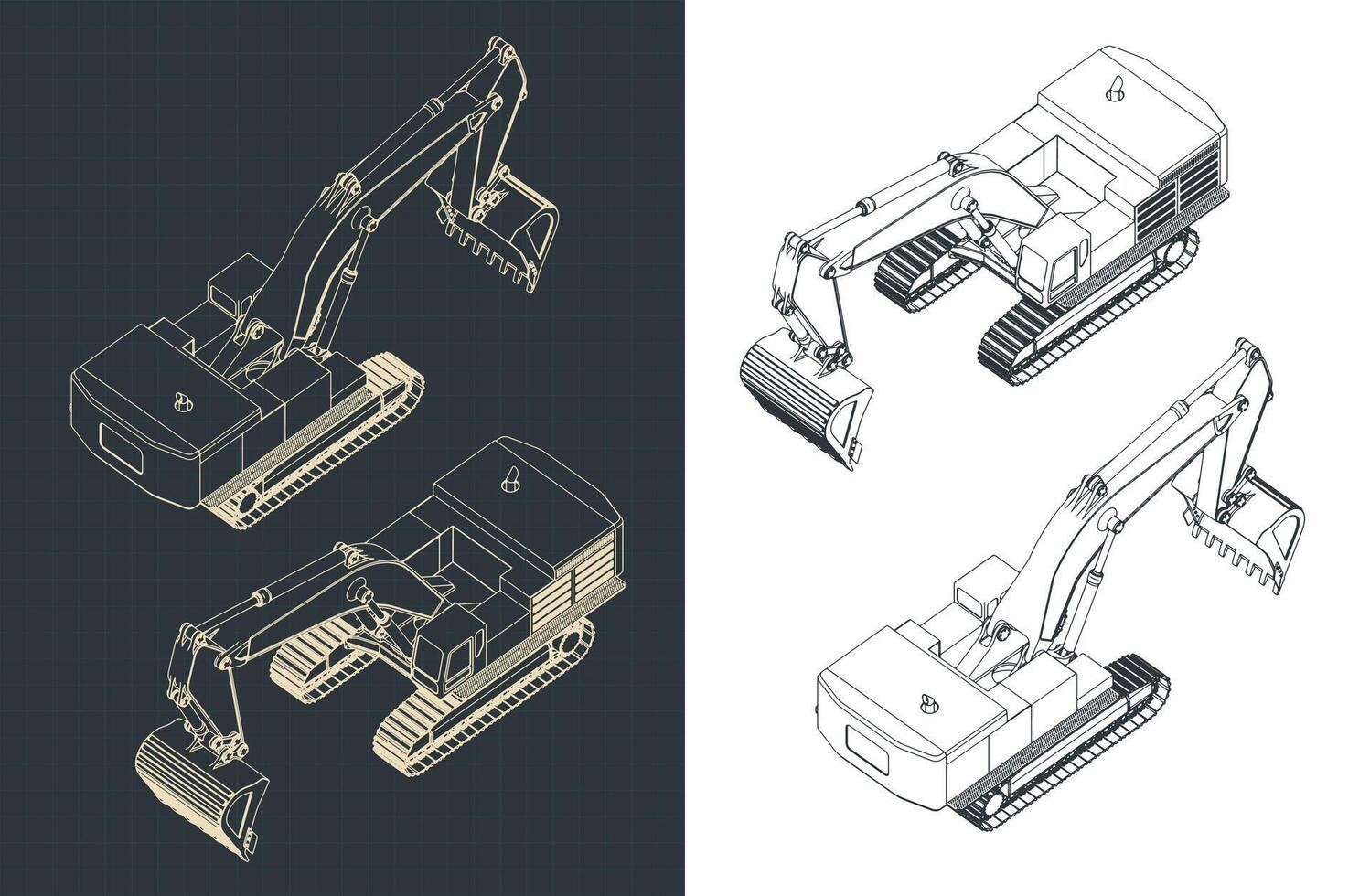 Powerful excavator isometric blueprints vector
