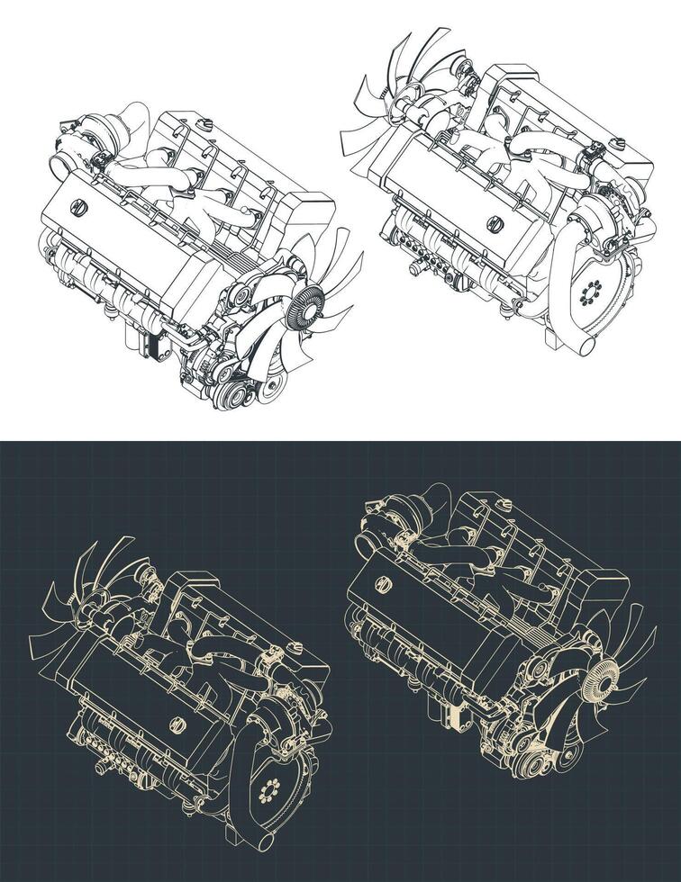 Powerful V8 turbo engine isometric blueprints vector