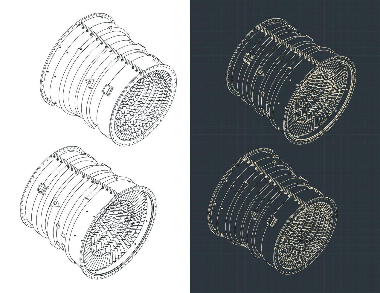 Compressor stator case from turbo jet isometric drawings vector