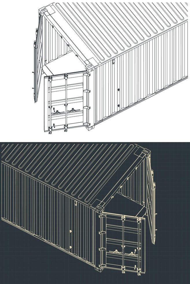 Cargo container close-up isometric blueprints vector
