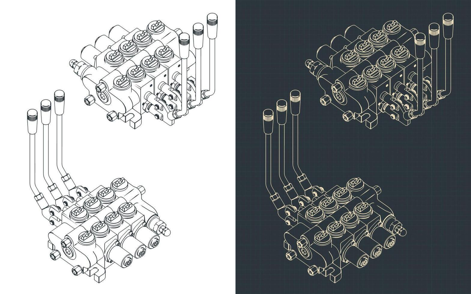 Hydraulic directional control valve isometric blueprints vector
