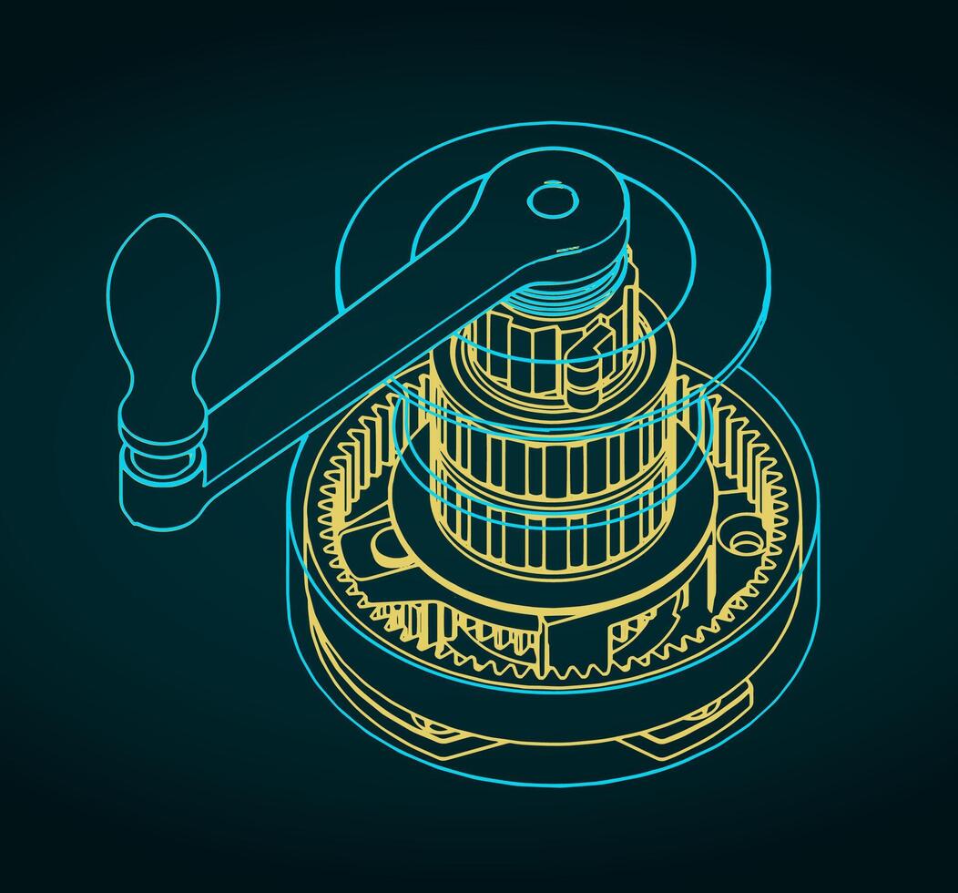 Sailboat winch and its internal structure blueprints vector