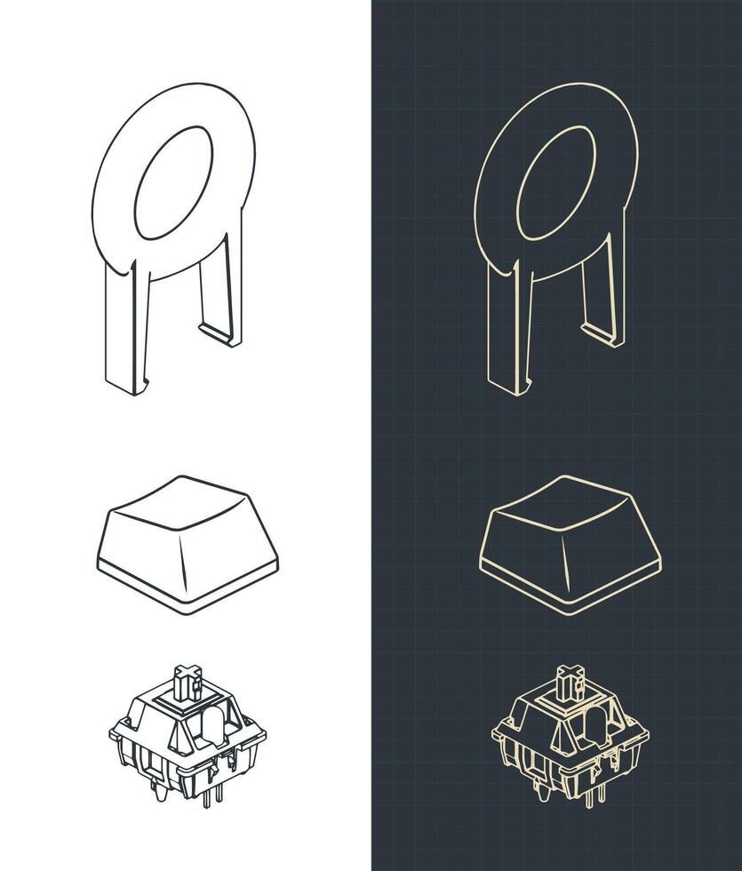 Mechanical keyboard switche keycap and key puller isometric blueprints vector