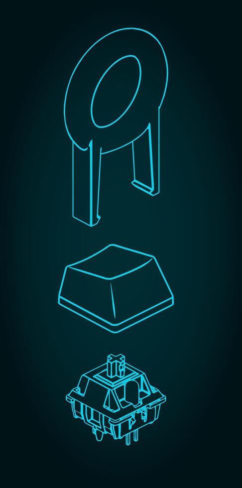 Mechanical keyboard switche keycap and key puller isometric blueprint vector