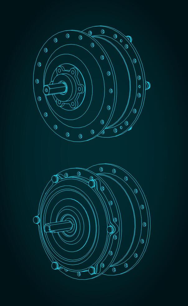 Hub motor for bicycle wheel isometric blueprint vector