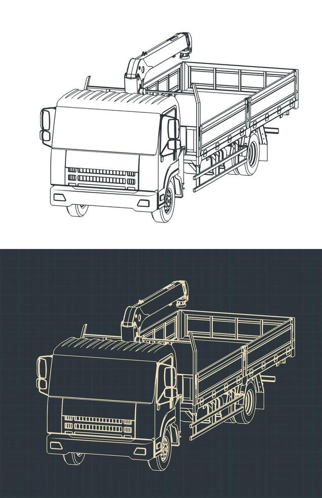 Truck with crane-manipulator installation isometric blueprints vector