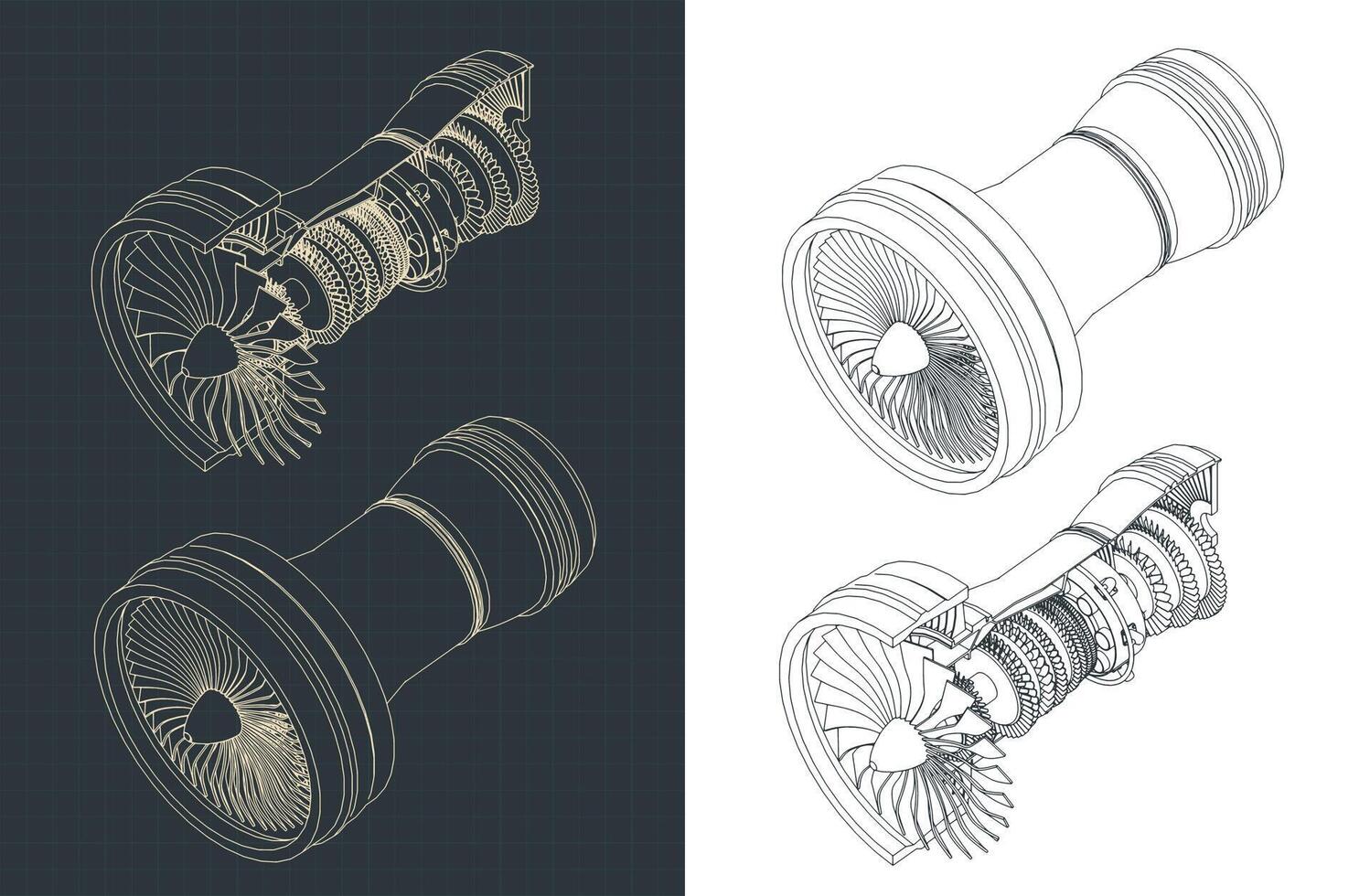 Turbofan engine isometric blueprints vector
