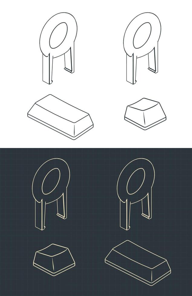 Keyboard keycaps and key puller isometric blueprints vector