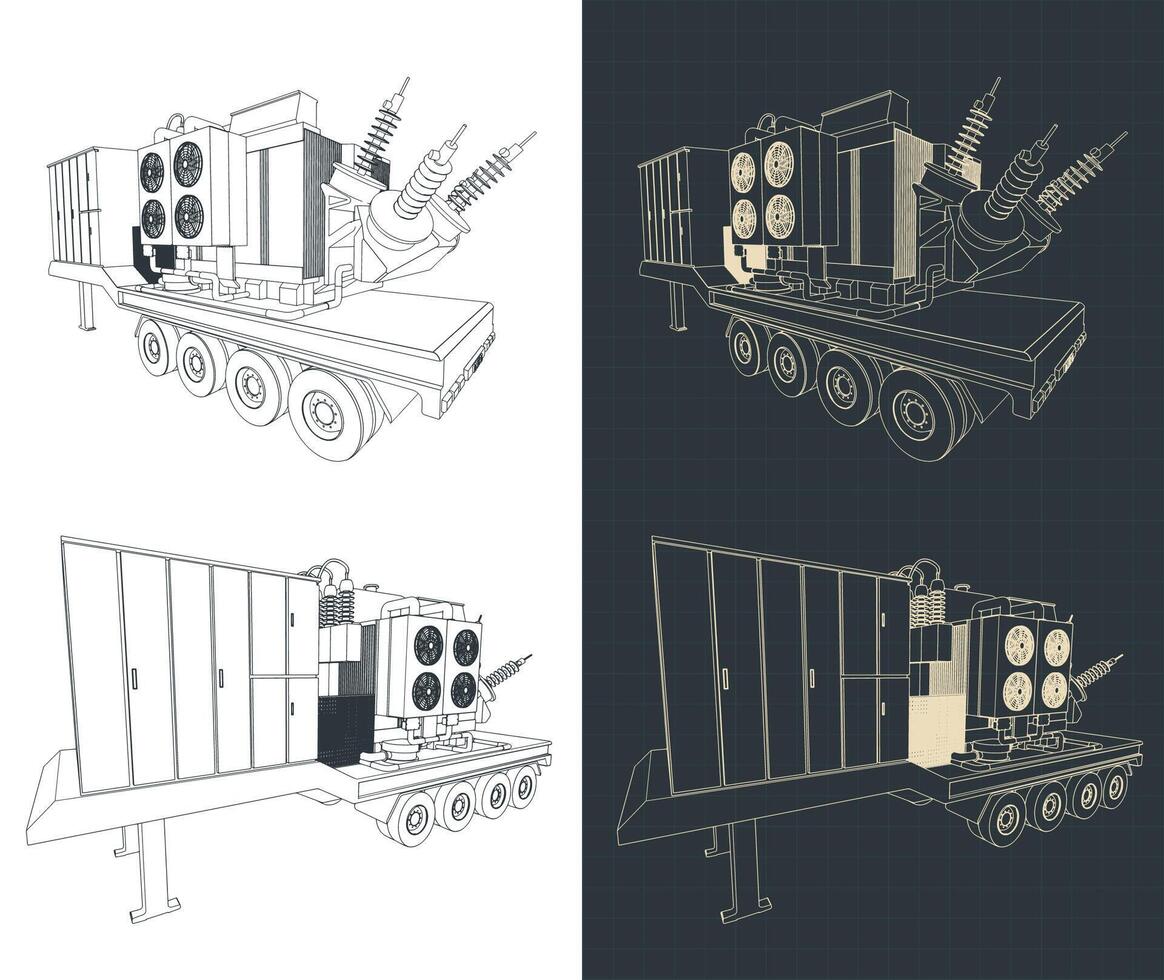 High-voltage mobile substations blueprints vector