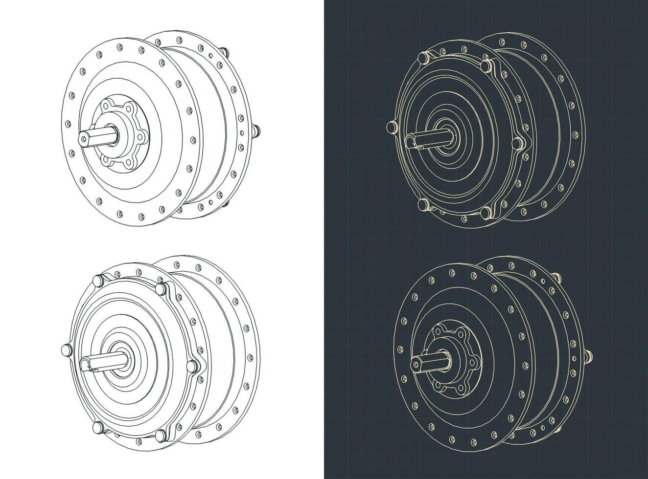 Hub motor for bicycle wheel isometric blueprints vector