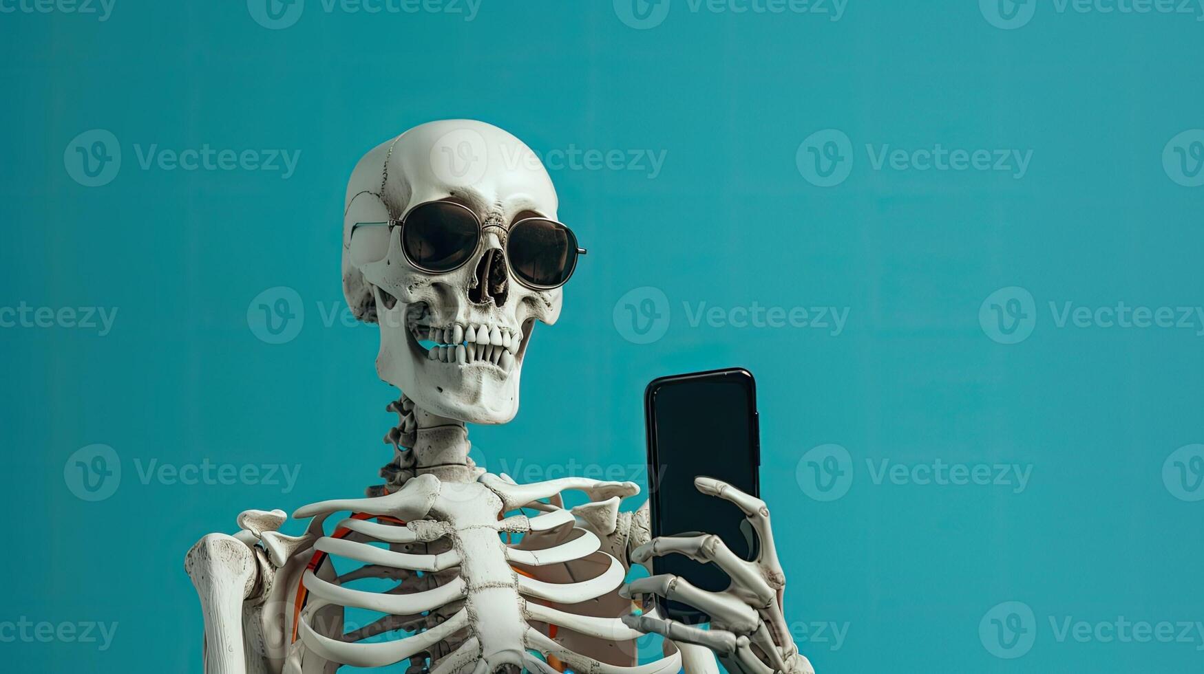 Skeleton with phone in hand. Halloween illustration, skull and bone with mobile smartphone. photo