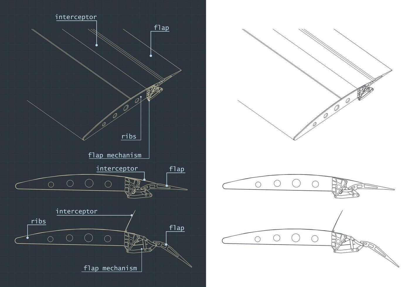 Aircraft Wing Structure and Flaps Systems Blueprints vector