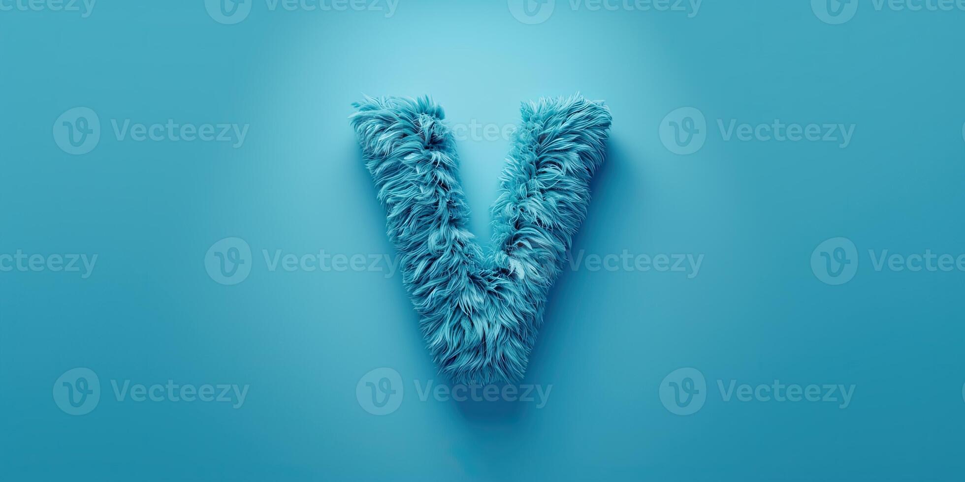 Fur letter V, 3D alphabet. Hair fluffy english font for kids education. Creative typographic element . photo