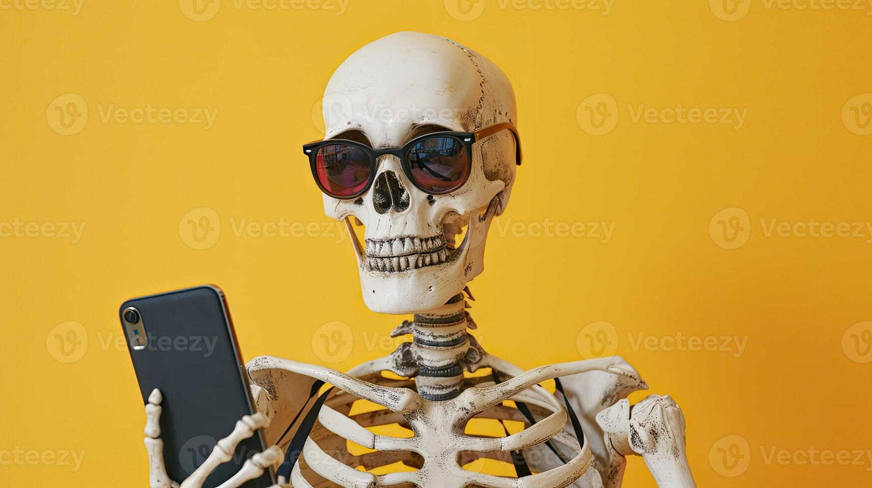Skeleton with phone in hand. Halloween illustration, skull and bone with mobile smartphone. photo