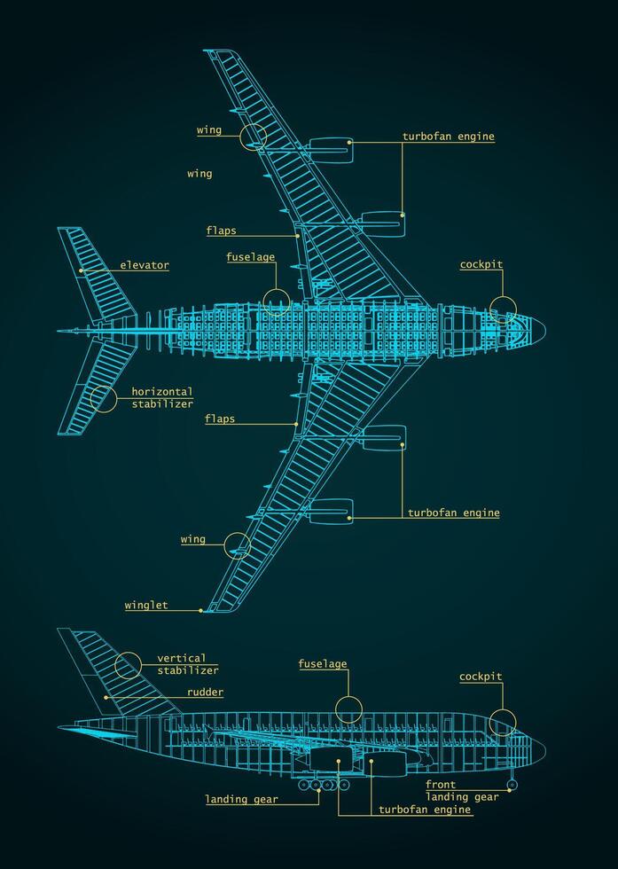 Large passenger plane blueprint vector