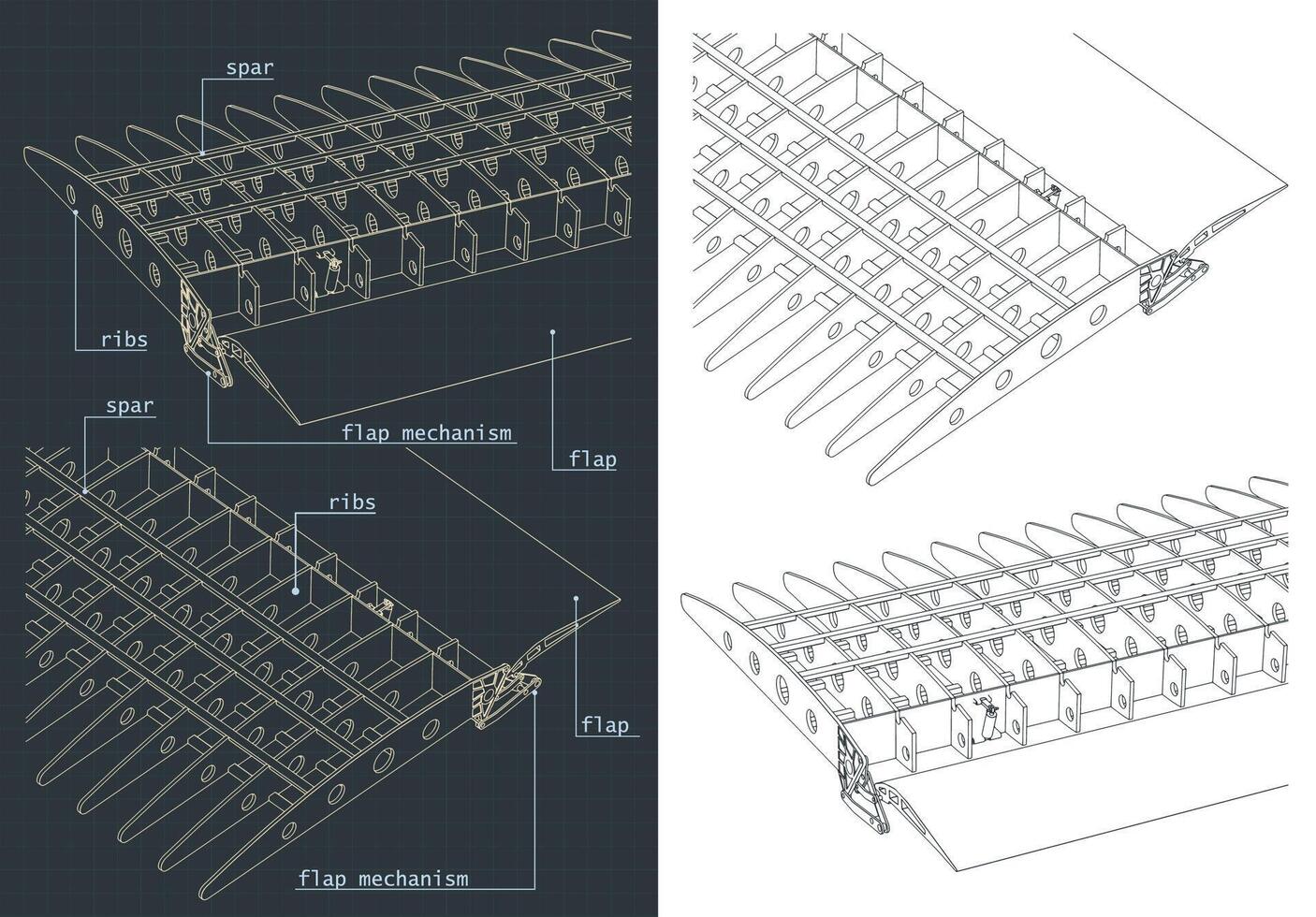 Aircraft Wing Structure and Flaps Systems Drawings vector