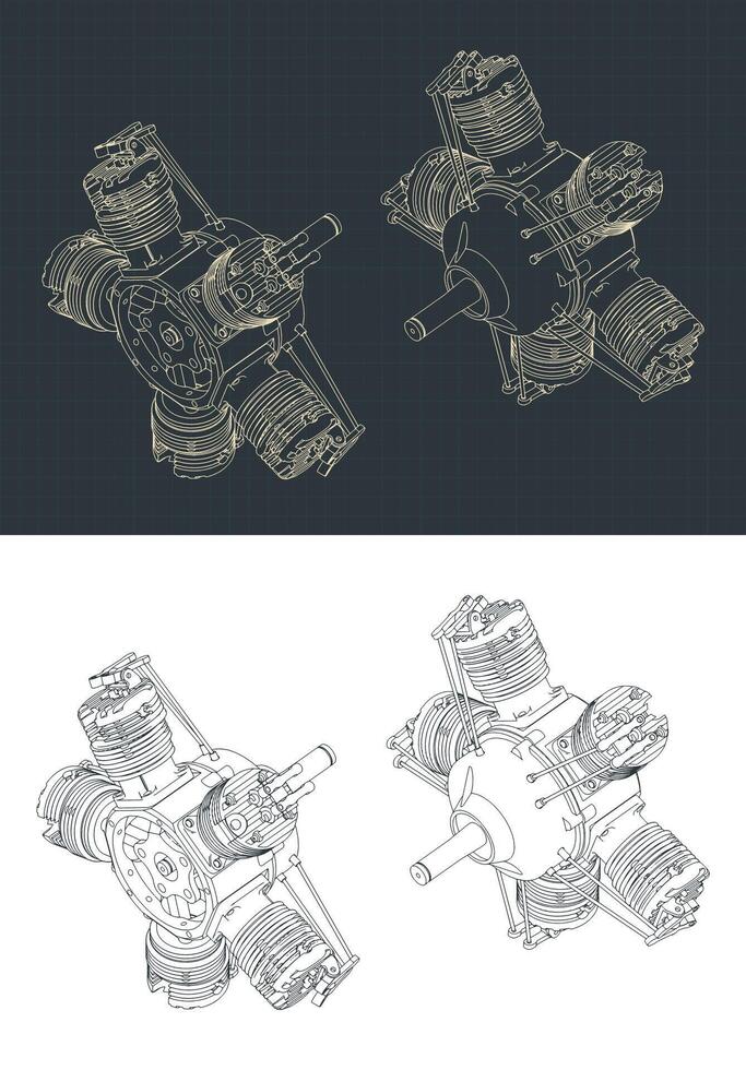 Radial engine isometric drawings vector