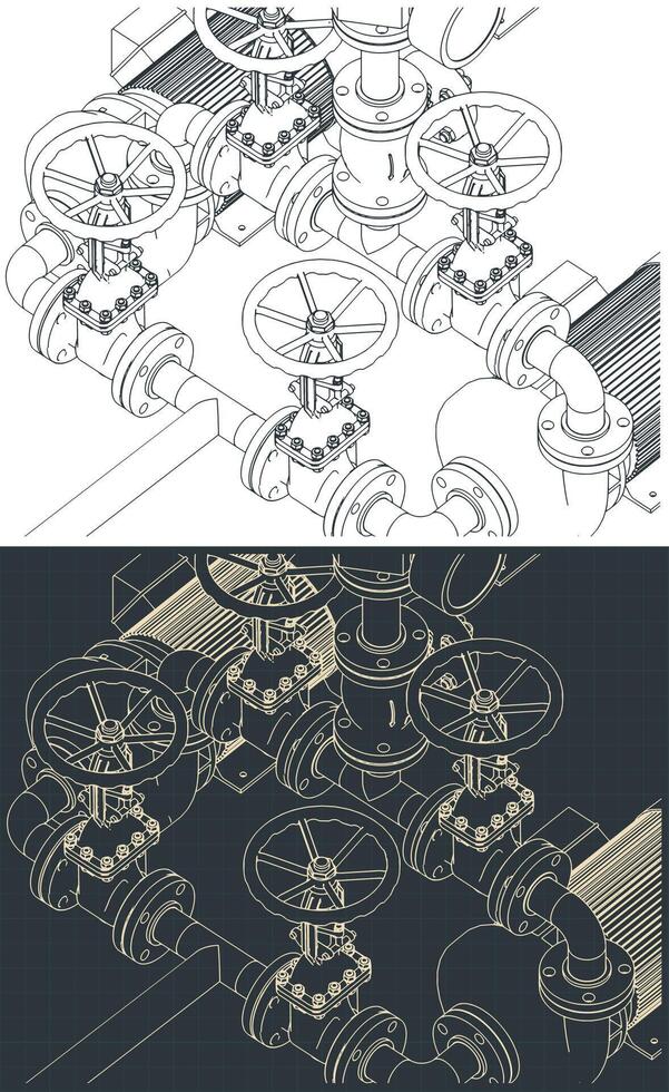 Water pumping station system isometric blueprints vector