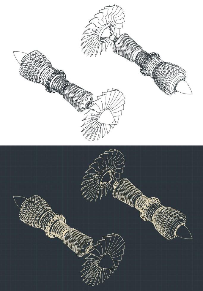 Turbofan compressor isometric drawings vector