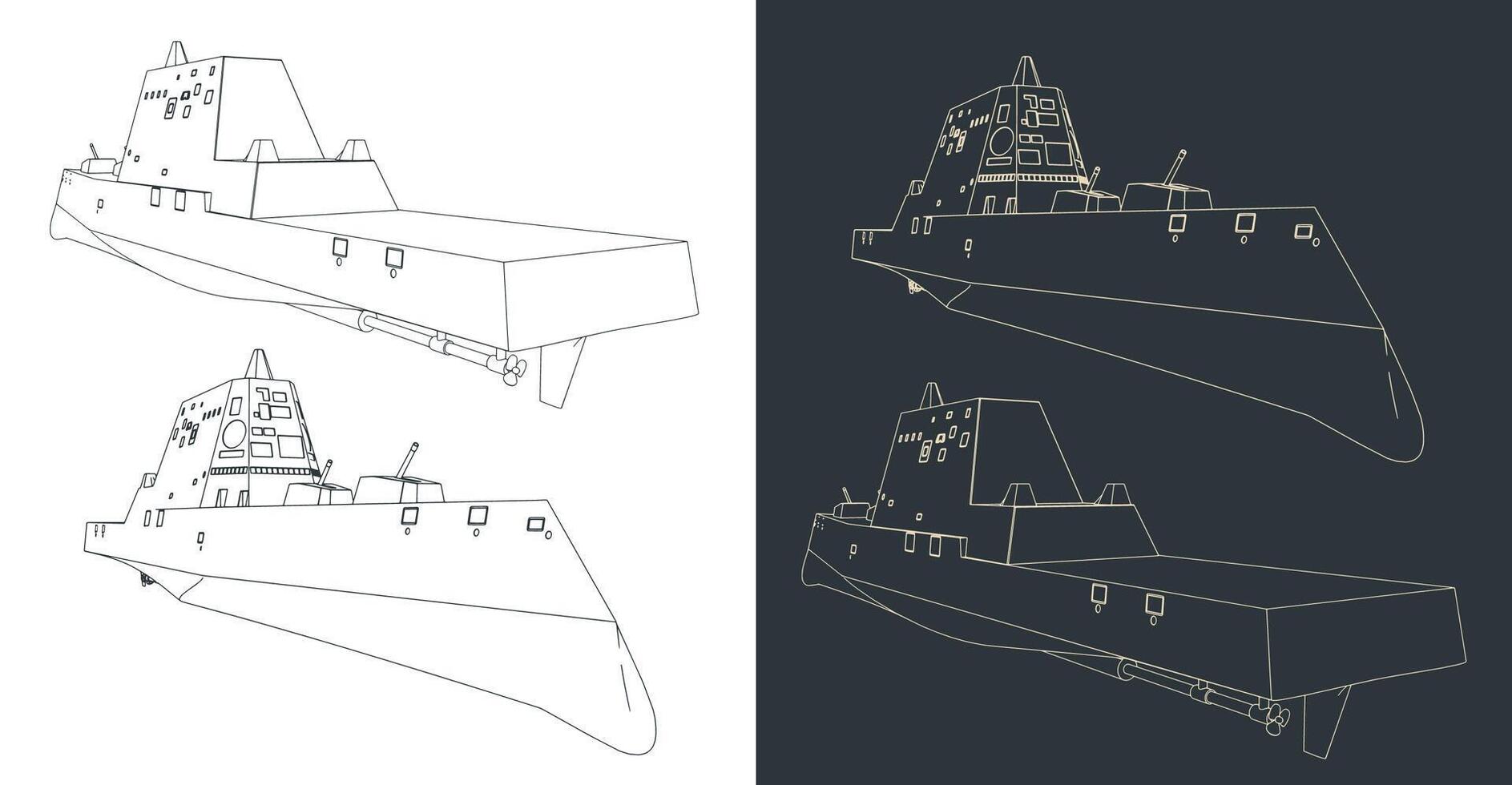 Modern stealth warship sketches vector