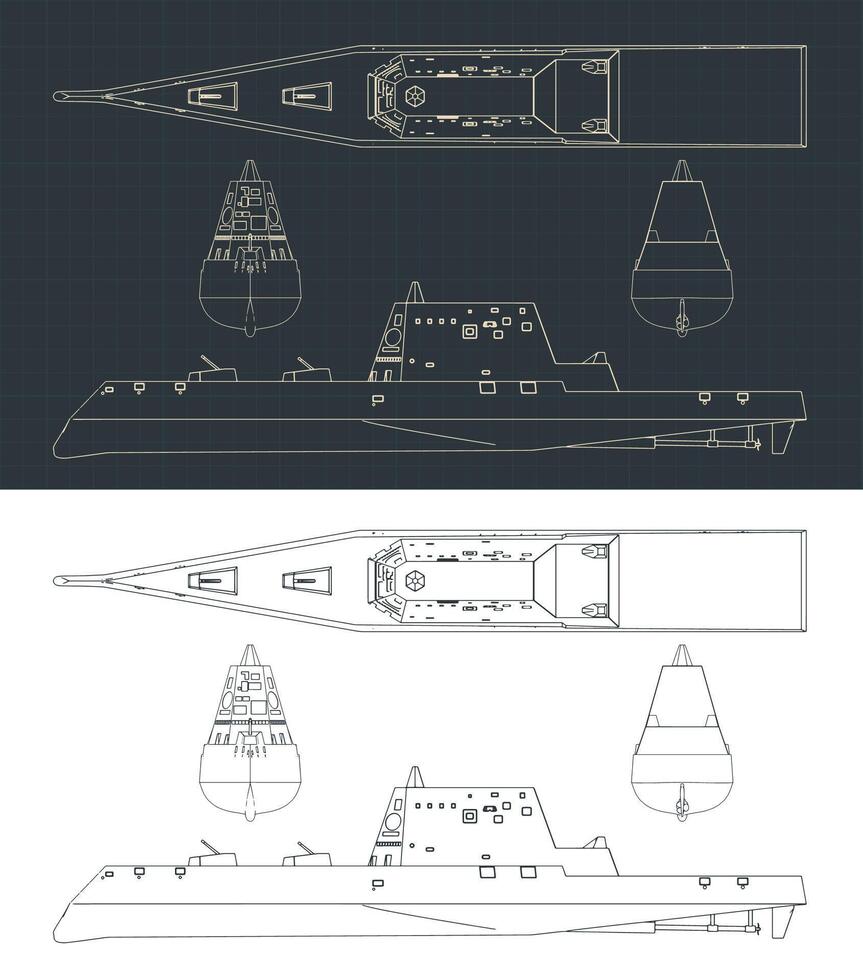 Modern stealth warship blueprints vector