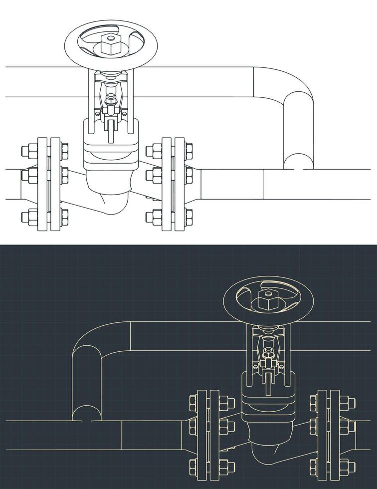 Bypass steam valve isometric blueprints vector