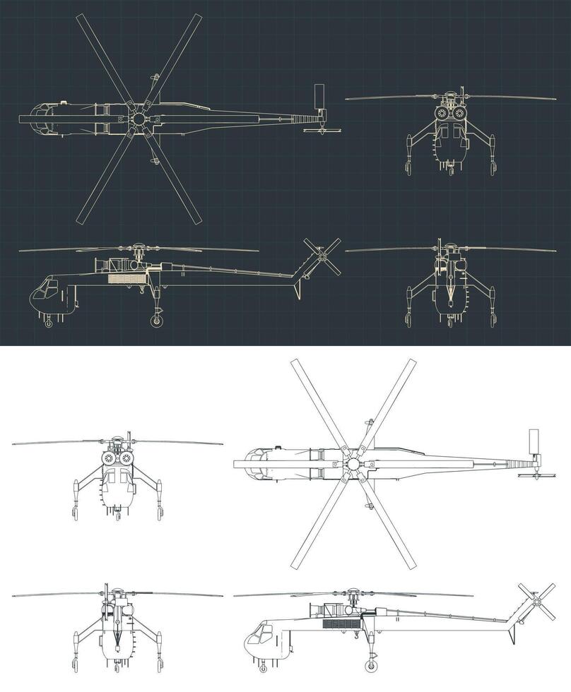 Crane helicopter blueprints vector