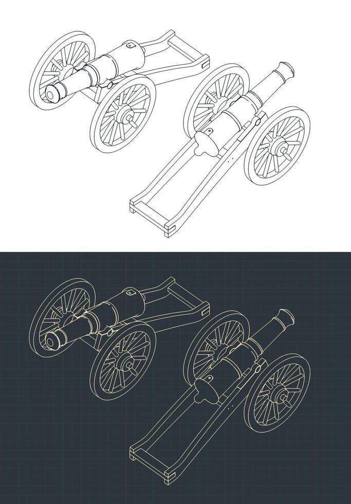 Vintage Cannon Isometric Drawings vector