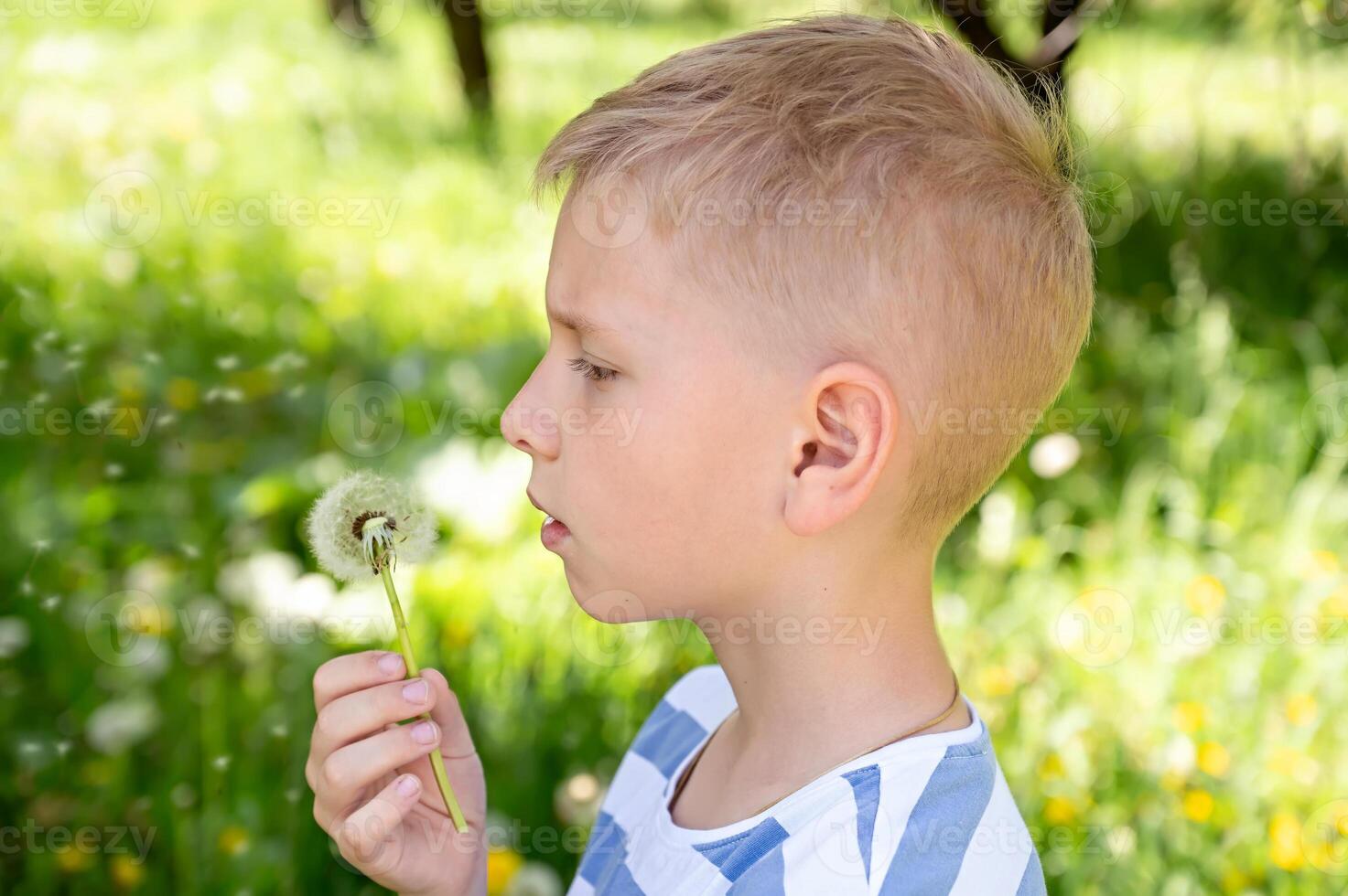 Cute little blond boy blowing a dandelion in the summer garden. photo
