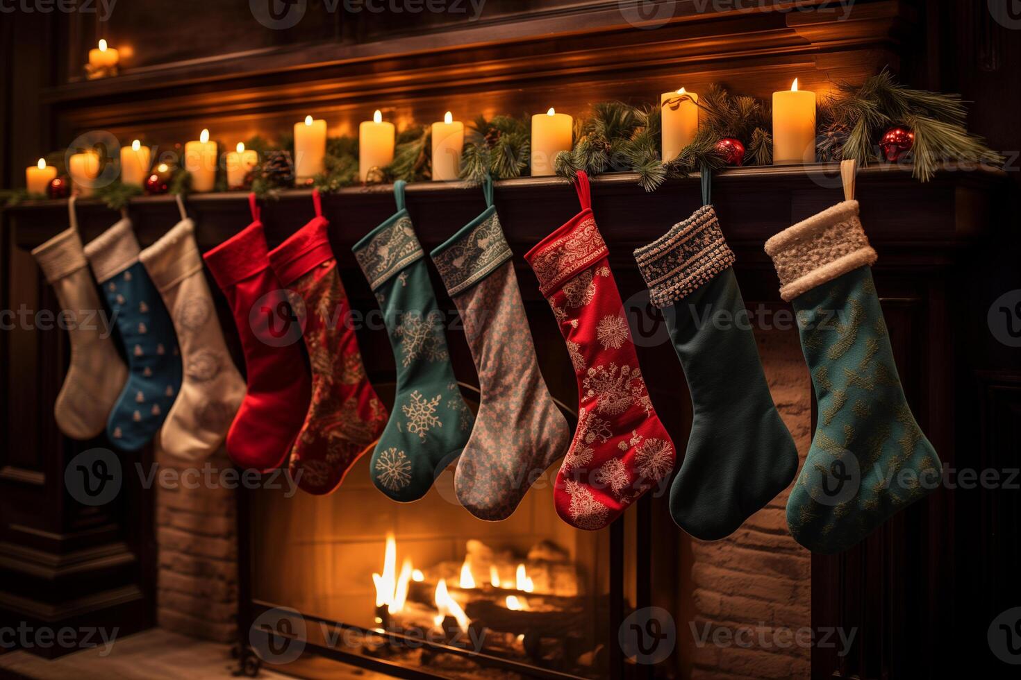 Christmas stockings hanging in a row on the fireplace photo