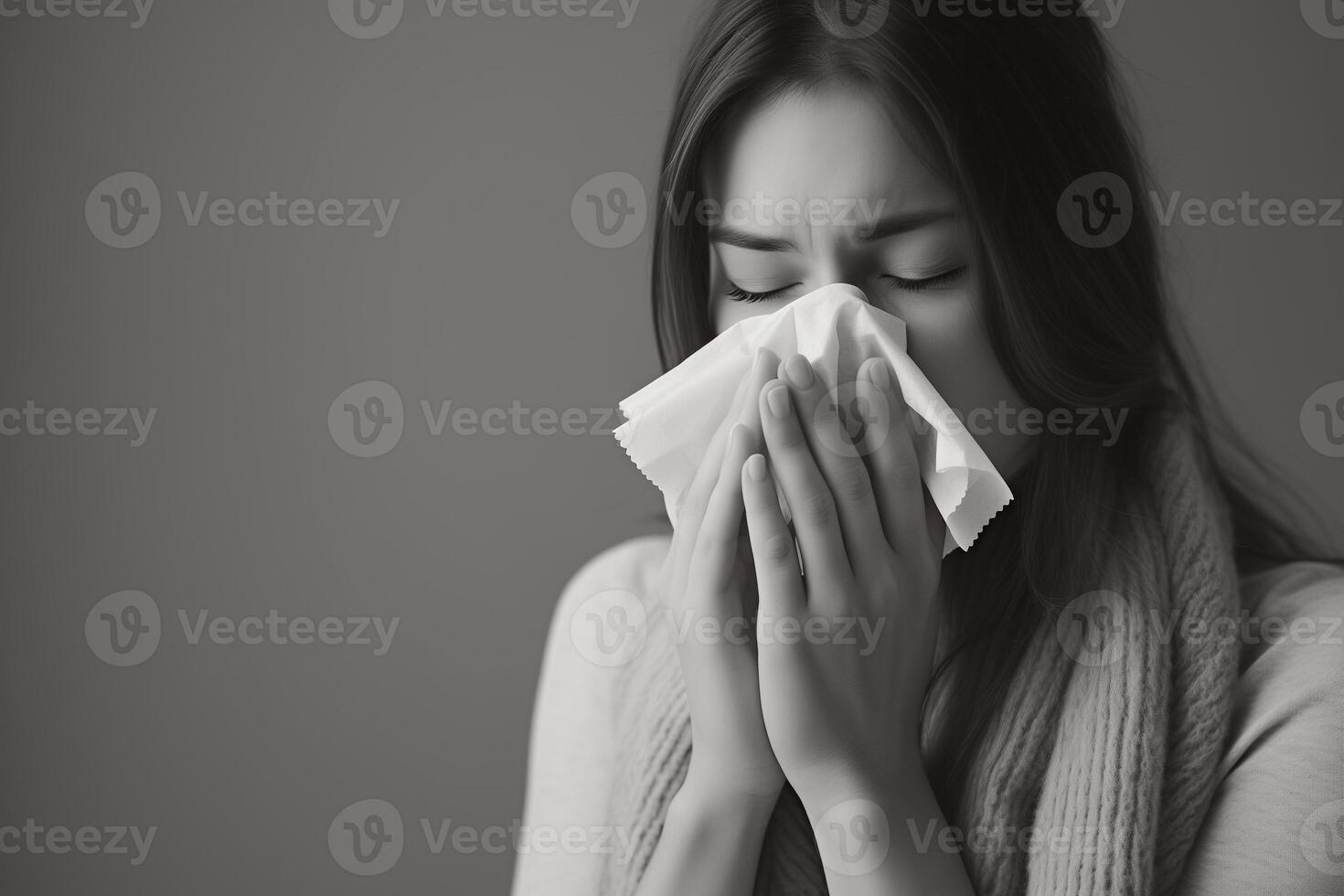 girl with a cold or allergy blows her nose into a handkerchief photo
