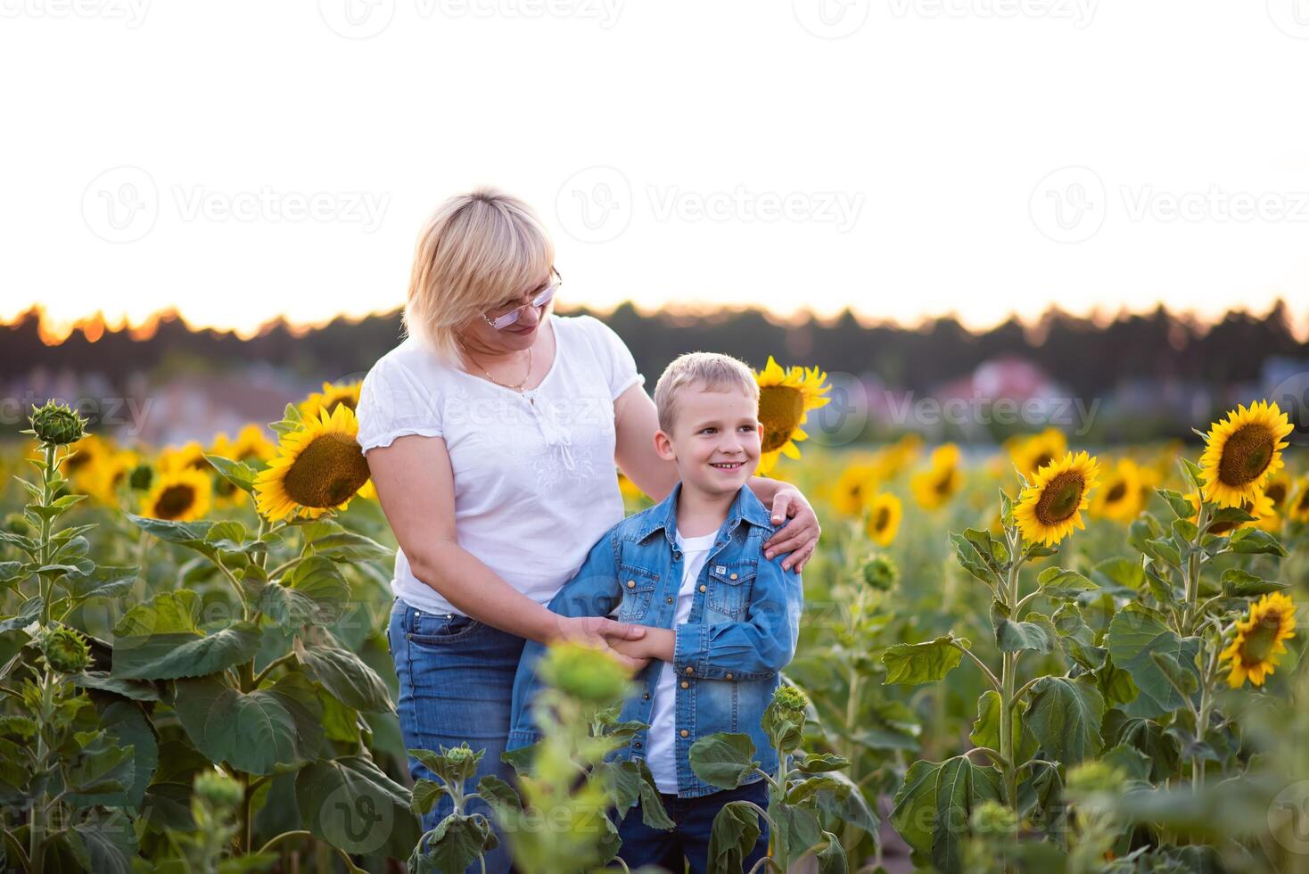 Grandmother and grandson with a smile stand in a sunflower field at sunset. photo