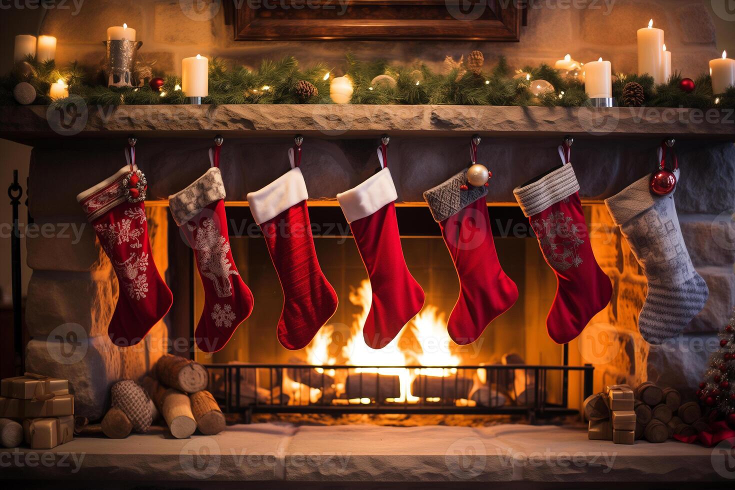 Christmas stockings hanging in a row on the fireplace photo