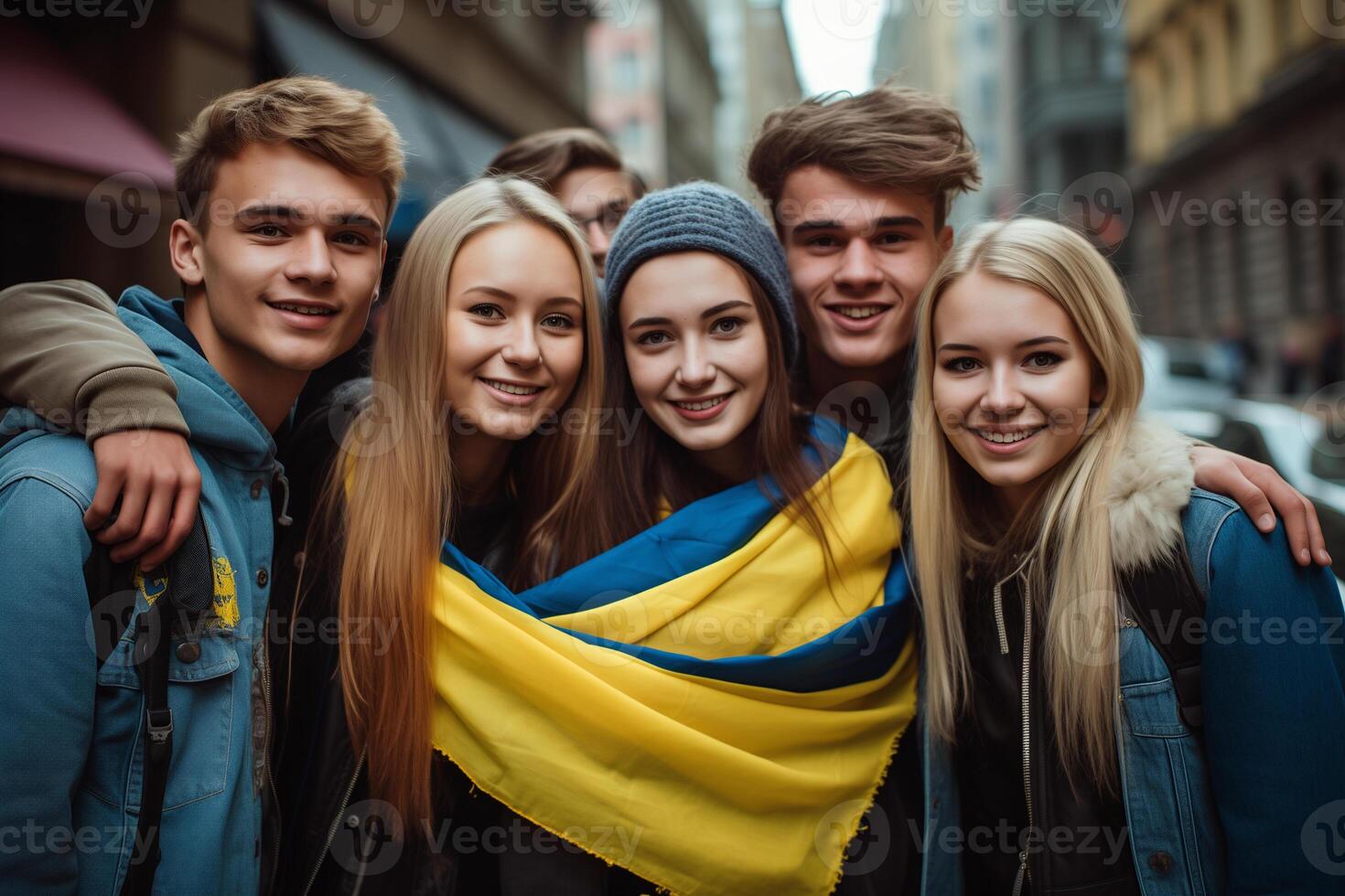 young people with the flag of Ukraine on their shoulders in urban areas photo