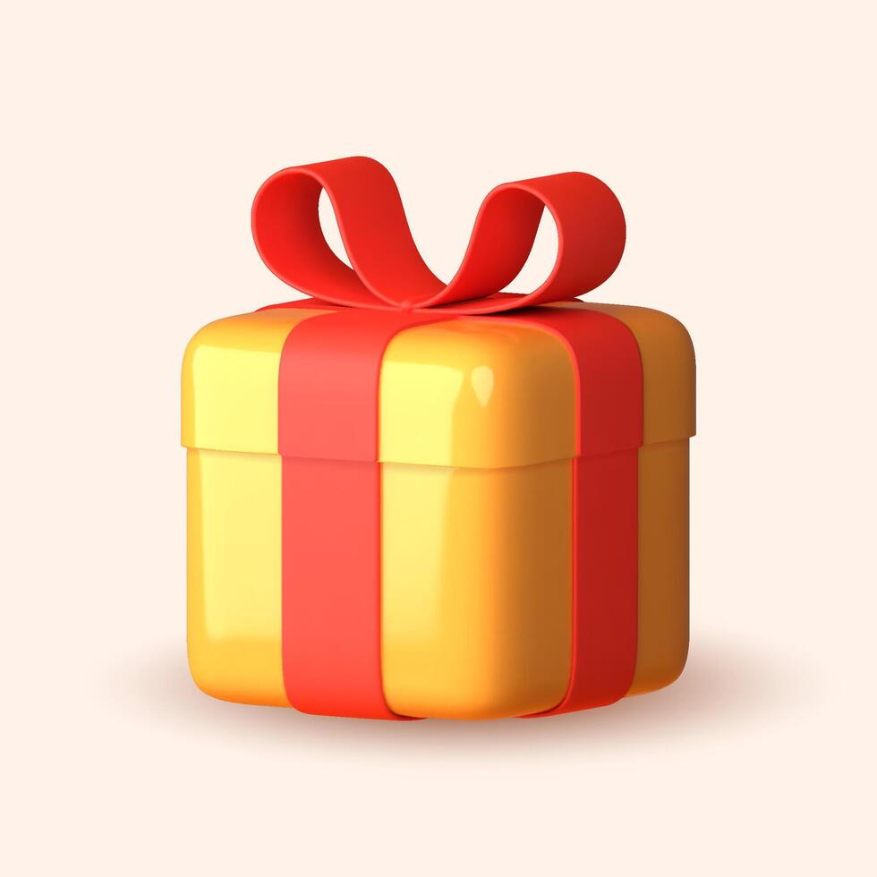 3D yellow gift boxes with ribbon in red over white background. 3D rendering of a modern holiday surprise box. vector