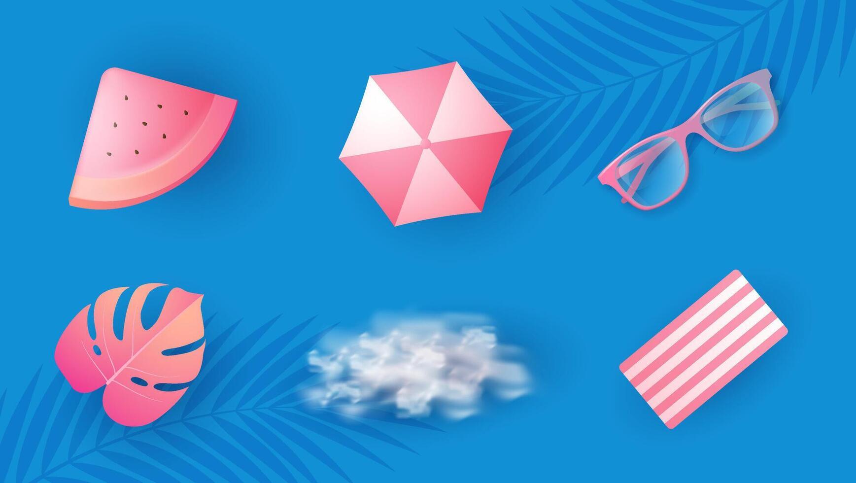 Summer realistic 3d rendering icons set. watermelon, umbrella, glass, tropical leaves, clouds, mat. vector
