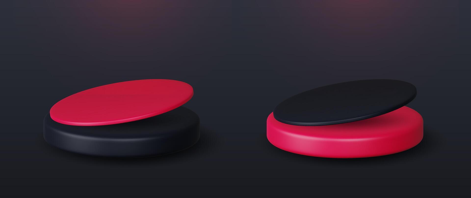 Set of realistic 3d background with cylinder podium. Black, red glowing light semi circles layers scene. vector