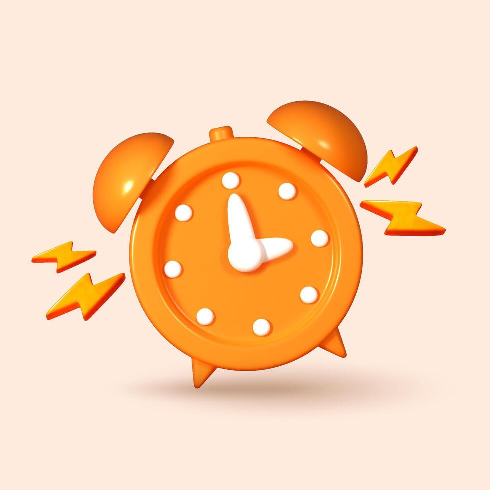 3D rendered ringing alarm clock, isolated on a orange background. Volumetric 3D icon of an alarm clock, symbolizing reminders and deadlines. vector