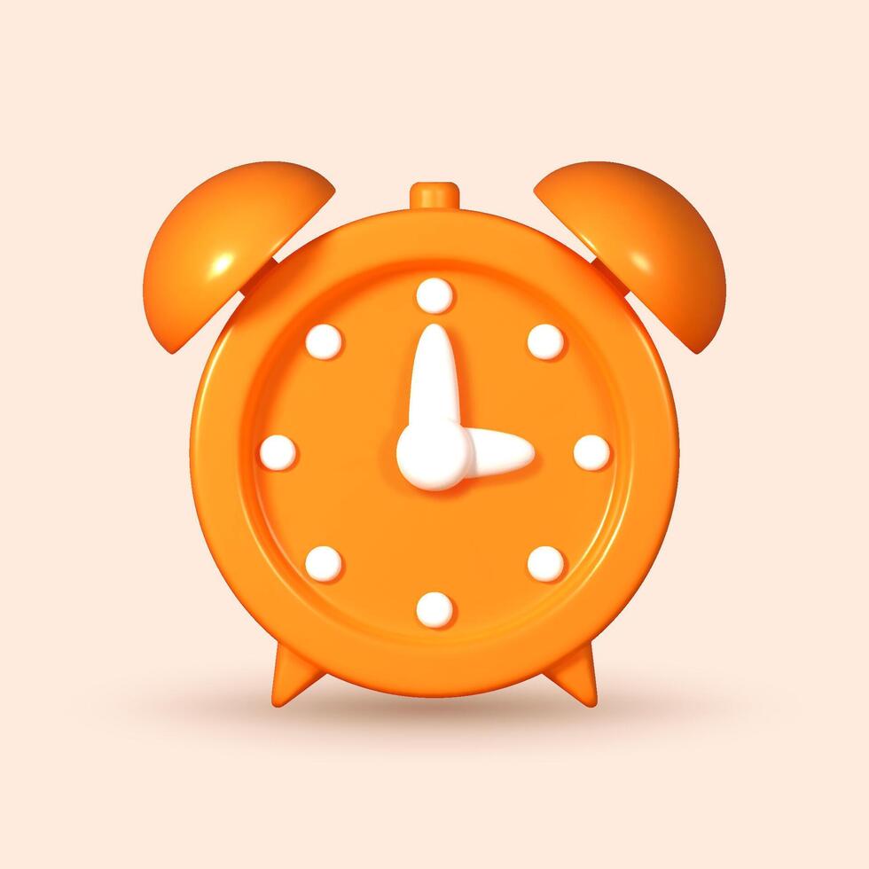 3D rendered ringing alarm clock, isolated on a orange background. Volumetric 3D icon of an alarm clock, symbolizing reminders and deadlines. vector