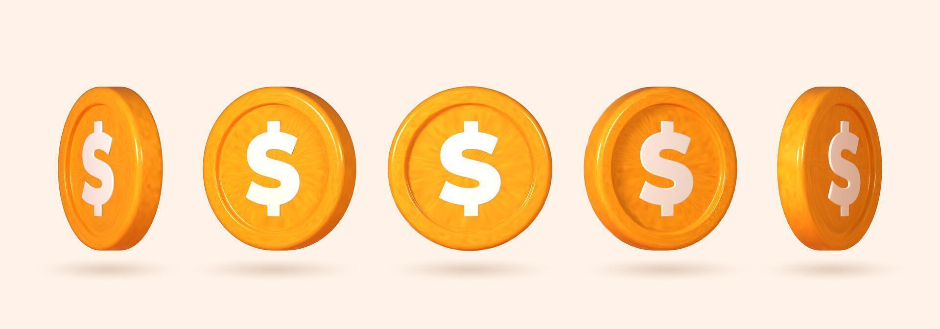 Coins displayed in various positions. Collection of 3D money depicted from different points of view. vector