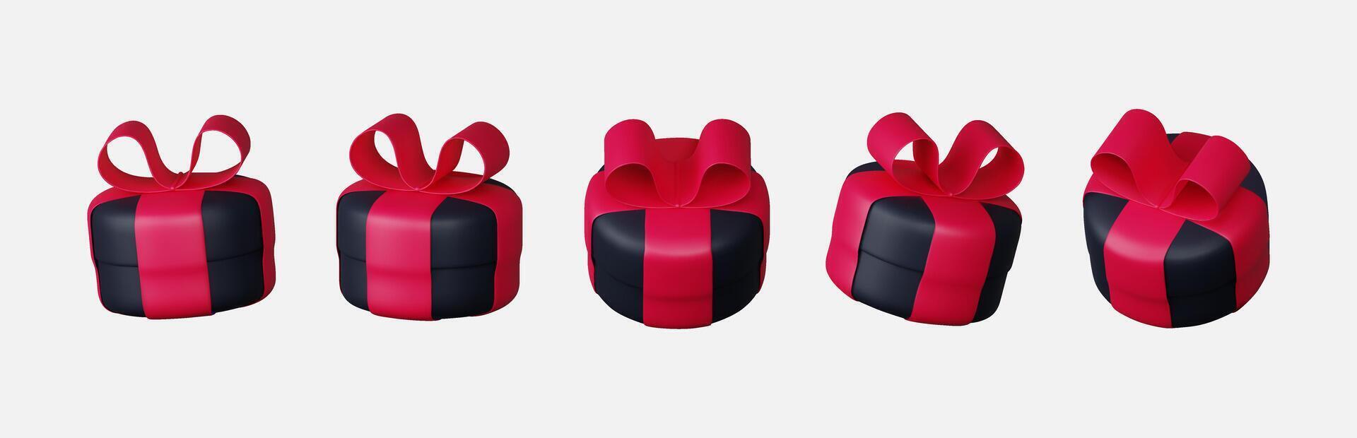 set 3D black gift boxes closed, adorned with red ribbon bows, isolated on a white background. 3D rendered modern holiday surprise boxes. vector