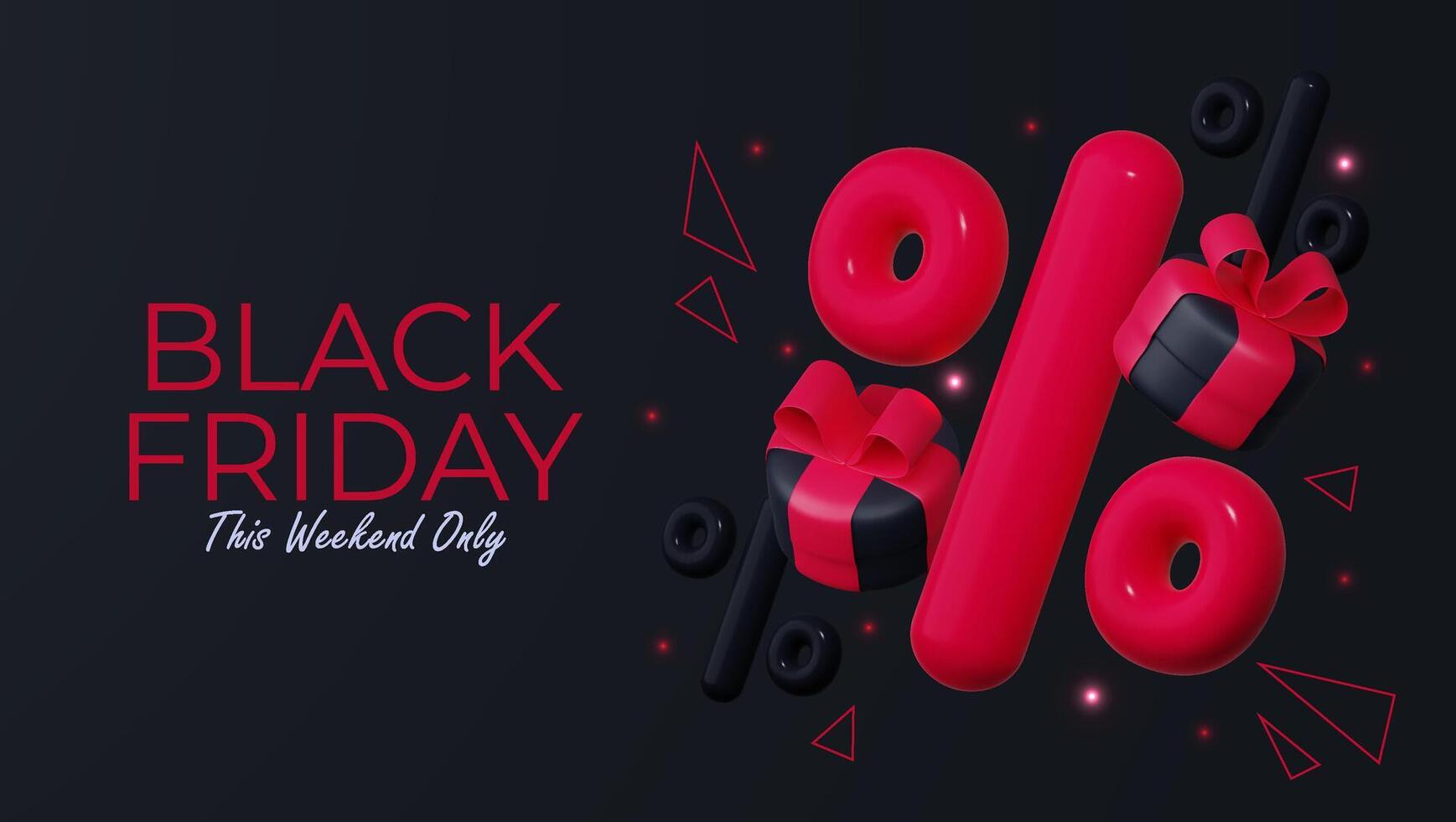 Black Friday Super Sale. Black gift box with red ribbon and big discount balloons. Dark background with red text letters. Horizontal banner, poster or website header. vector