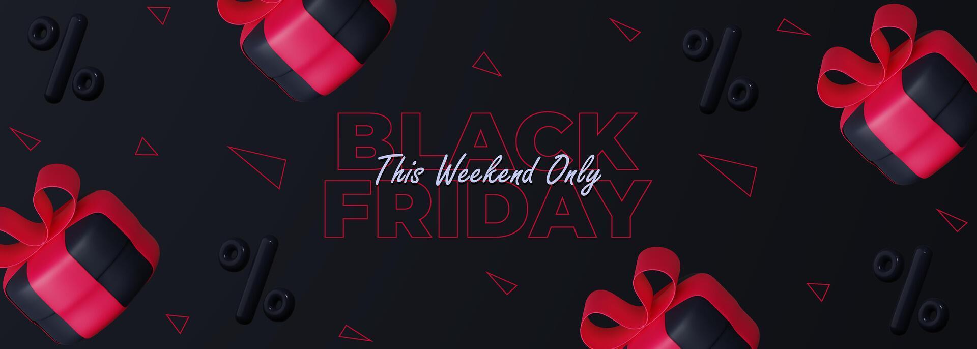 Black Friday Super Sale. Black gift box with red ribbon and discount balloons. Dark background with red text letters. Horizontal banner, poster or website header. vector