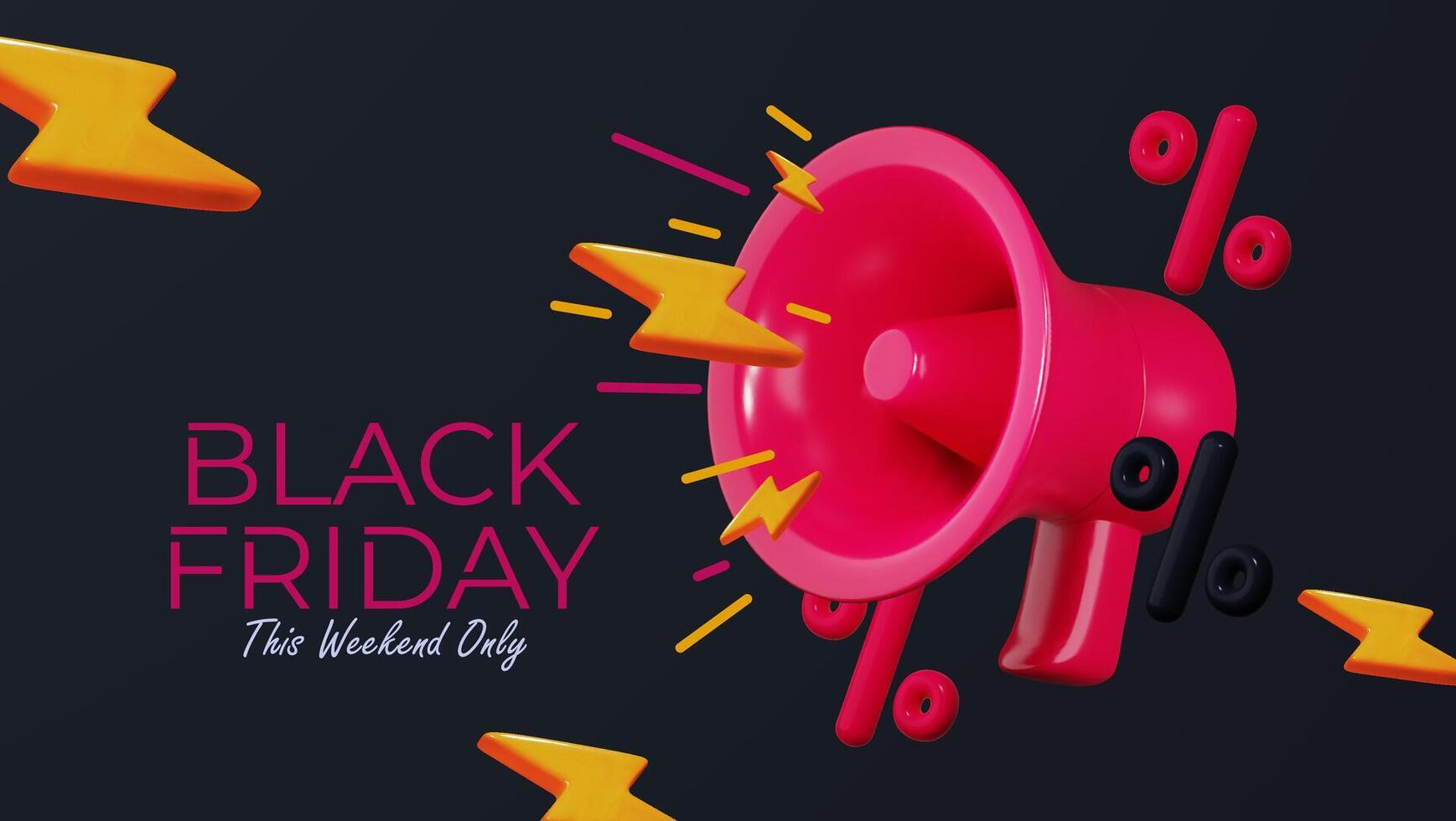 Black Friday sale design featuring text and megaphone on black background. 3D style promotional graphic for websites, banners, and posters. vector