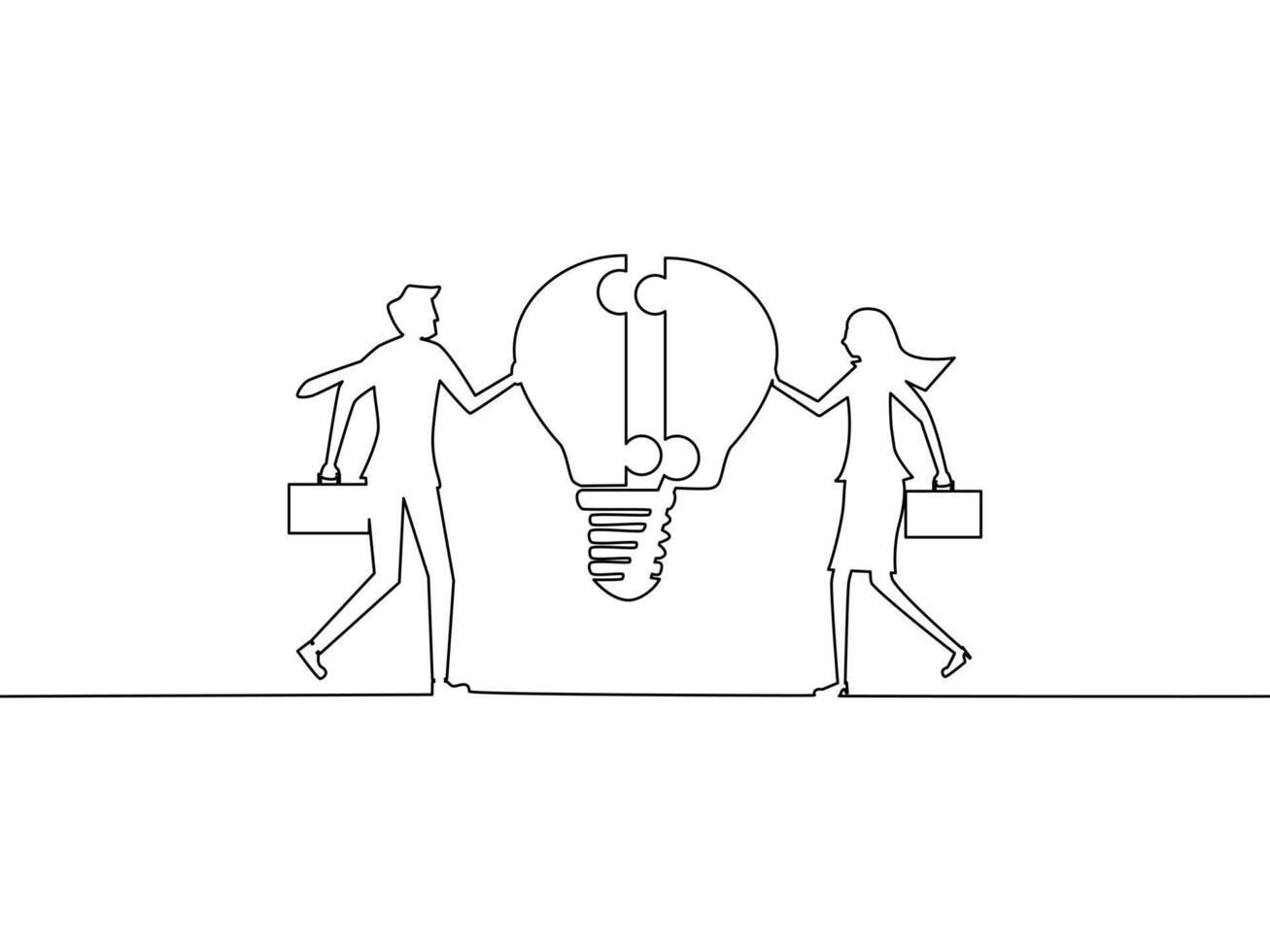 continuous line drawing of business people holding a light bulb vector