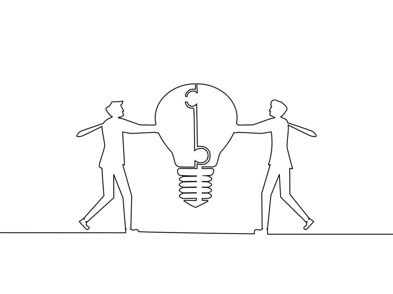one line drawing of two people holding a light bulb vector