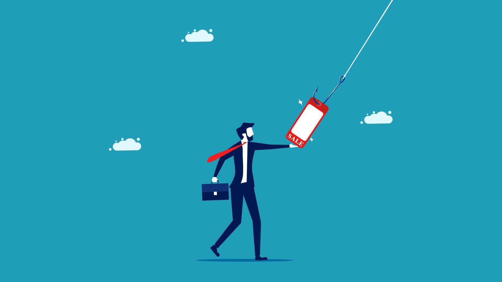 businessman holding a phone and fishing with a hook vector
